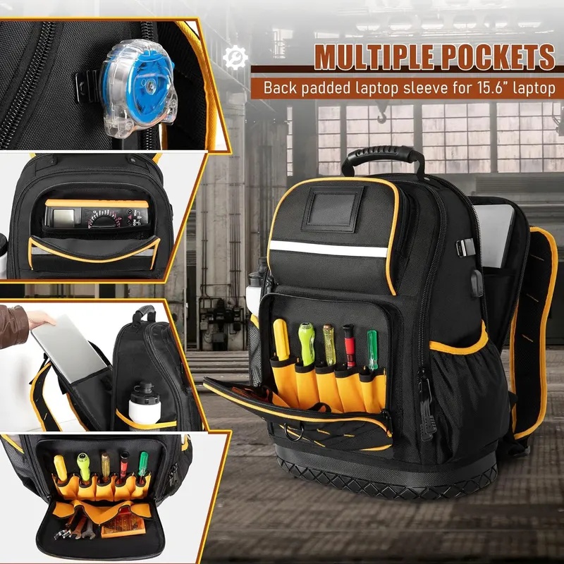 Laptop Sleeve - กระเป๋าเป้เครื่องมืออเนกประสงค์พร้อมฐานแข็งและช่องใส่เครื่องมือ กระเป๋าเครื่องมือทนทาน หลายช่อง พร้อมช่องใส่แล็ปท็อป ﻿